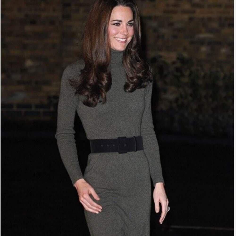 BCBG MaxAzria Army Green Ribbed Fitted Turtleneck "Kate Effect"Knit Dress